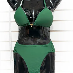 Butterfly Two Piece Swimsuit High Waist Halter Neckline Solid Color Deep Green Size: S, M, L, XL