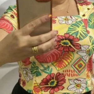 Cropped Malha Canelada Yellow Floral ESTAMPADA  TAMANHO G E G2