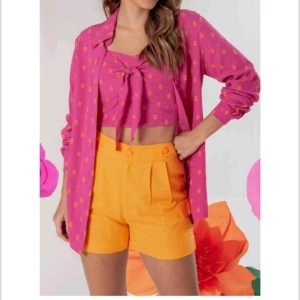 Conjunto Jasmin Kardigan E Crooped Tecido Alfaiataria Rosa Tam: M