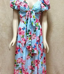 Long Dress Size M Tie Front Knot Blue Butterflies Floral Print Puffed Sleeves