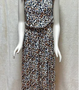 Long Dress Size M Leopard Print Earth Tones Short Sleeves