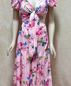 Long Dress Size M Tie Front Knot Pink Butterflies Floral Print Puffed Sleeves