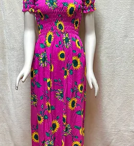 Long Dress Size M Sunflower Print Pink Off-the-Shoulder Neckline