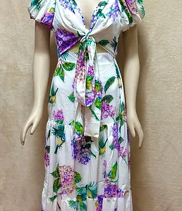 Long Dress Size M Tie Front Knot White + Purple + Blue Floral Print Puffed Sleeves