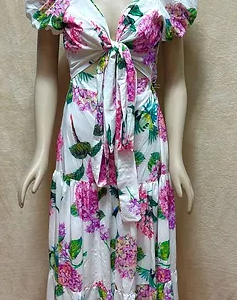 Long Dress Size M Tie Front Knot White + Purple Floral Print Puffed Sleeves