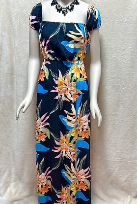 Long Dress Uno Que Size Blue Multicolor Floral Off-the-shoulder