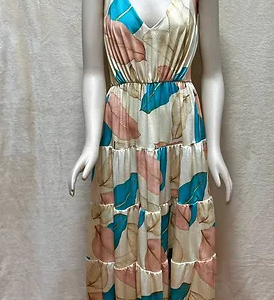 Long dress Cream Peach Turquois V-Neck Floral Pattern