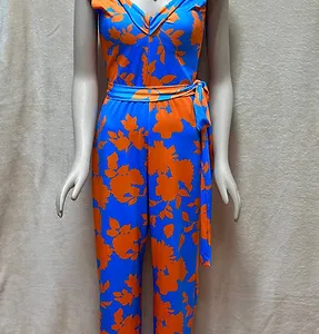 One Piece Overalls Size M Off-the-Shoulder Neckline Blue Orange Floral Pattern