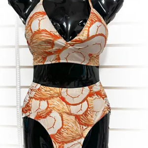 Traditional Two Piece Swimsuit Cream + Orange Coconut Print Halter High Waist Sizes: S, M, L