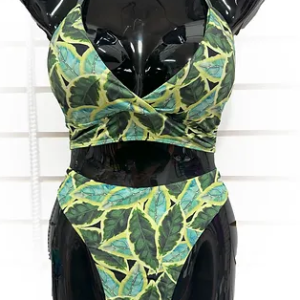 Traditional Two Piece Swimsuit  Halter Neckline High Waist Green + Yellow Leaf Print Size XL