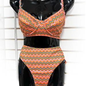 Traditional Two Piece Swimsuit Halter Neckline High Waist Multicolor Wave Pattern Size L