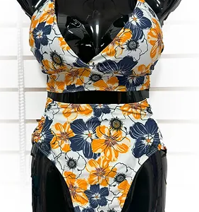 Traditional Two Piece Swimsuit Halter Neckline White + Orange+ Blue Floral Print Size XL