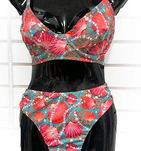 Traditional Two Piece Swimsuit Seashell Pearls Print Turquois + Salmon Size M