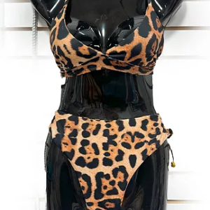 Traditional Two piece Swimsuit Halter Neckline High Waist Leopard Print Size: S