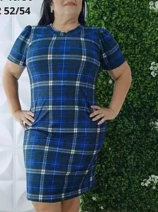 Vestido Malha Canelada Blue Plaid Sizes: G 44/46, G1 46/50, G2 52/54